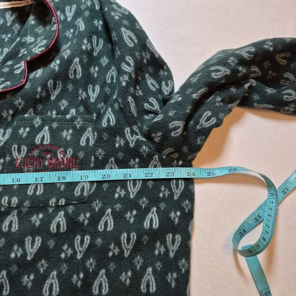 Lucky Brand Women's Wishbone Fleece Pajama Set Size 1X Green Button-Up